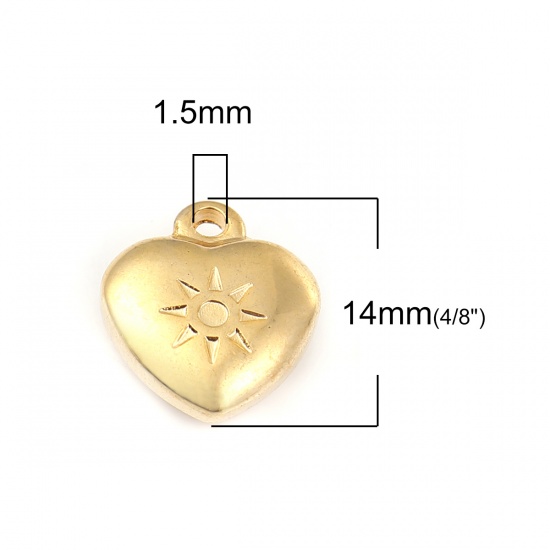Immagine di 316L Acciaio inossidabile San Valentino Charms Cuore Placcato Oro 18K Sole 14mm x 12mm, 1 Pz