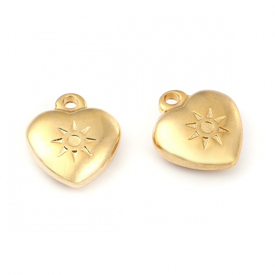 Immagine di 316L Acciaio inossidabile San Valentino Charms Cuore Placcato Oro 18K Sole 14mm x 12mm, 1 Pz