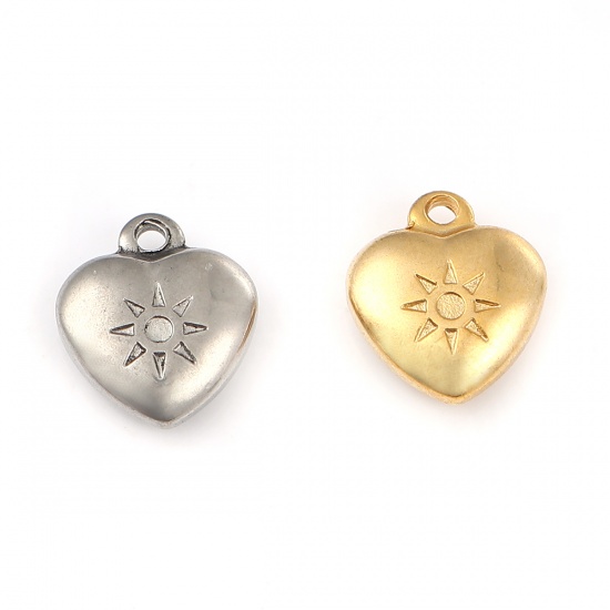 Immagine di 316L Acciaio inossidabile San Valentino Charms Cuore Placcato Oro 18K Sole 14mm x 12mm, 1 Pz