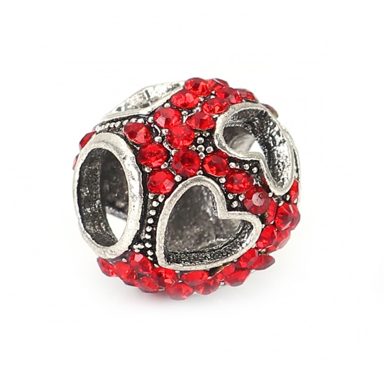 Picture of Zinc Based Alloy European Style Large Hole Charm Beads Round Antique Silver Heart Red Rhinestone About 11mm( 3/8") Dia, Hole: Approx 5mm, 3 PCs