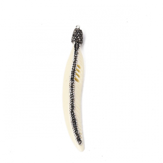 Picture of Resin Micro Pave Pendants Feather Dark Gray Creamy-White Clear Rhinestone 11.3cm(4 4/8") x 1.7cm( 5/8"), 1 Piece