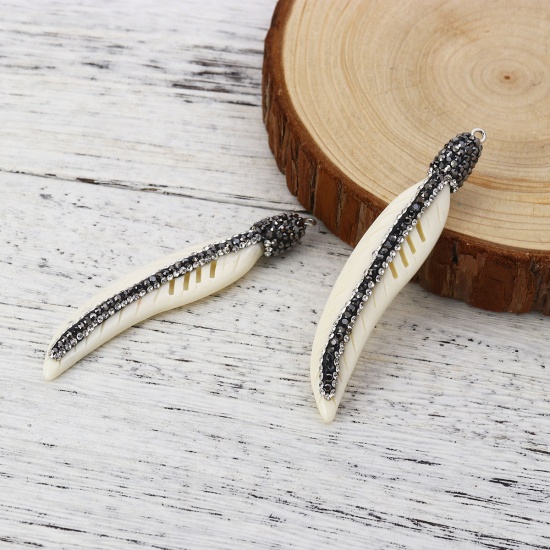 Picture of Resin Micro Pave Pendants Feather Dark Gray Creamy-White Clear Rhinestone 78mm(3 1/8") x 16mm( 5/8"), 1 Piece