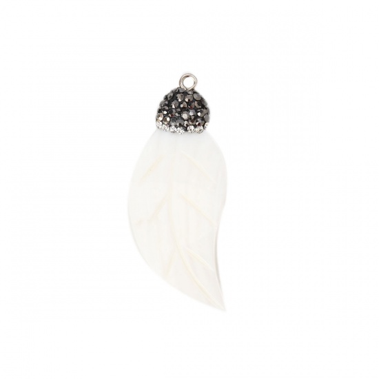 Picture of Shell Micro Pave Pendants Dark Gray Leaf White Clear Rhinestone 51mm(2") x 21mm( 7/8"), 2 PCs