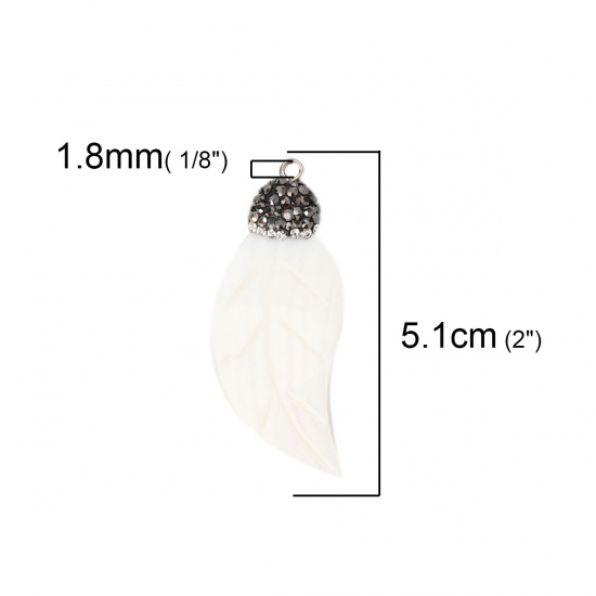 Picture of Shell Micro Pave Pendants Dark Gray Leaf White Clear Rhinestone 51mm(2") x 21mm( 7/8"), 2 PCs
