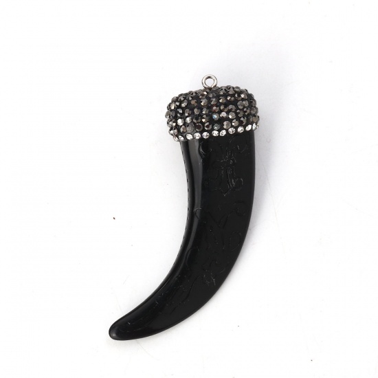 Picture of Resin Boho Chic Pendants Horn-shaped Black Dark Gray Micro Pave Clear Rhinestone 6.4cm x2.5cm(2 4/8" x1") - 6.1cm x2.3cm(2 3/8" x 7/8"), 1 Piece