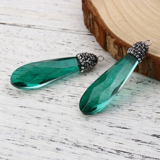 Picture of Glass Micro Pave Pendants Drop Green Clear Rhinestone Faceted 55mm(2 1/8") x 15mm( 5/8"), 1 Piece