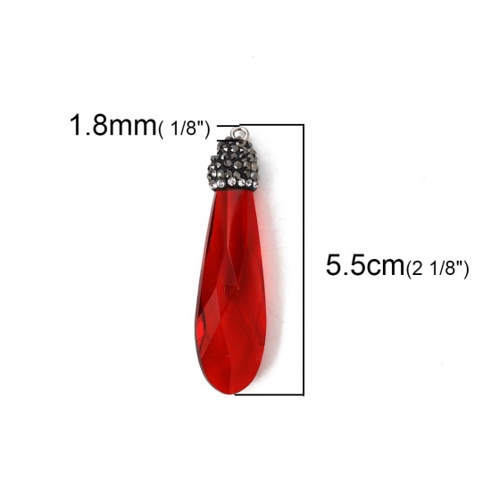 Picture of Glass Pendants Drop Red Clear Rhinestone Faceted 55mm(2 1/8") x 15mm( 5/8"), 1 Piece