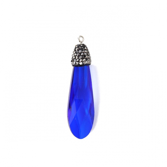 Picture of Glass Micro Pave Pendants Drop Royal Blue Clear Rhinestone Faceted 55mm(2 1/8") x 15mm( 5/8"), 1 Piece