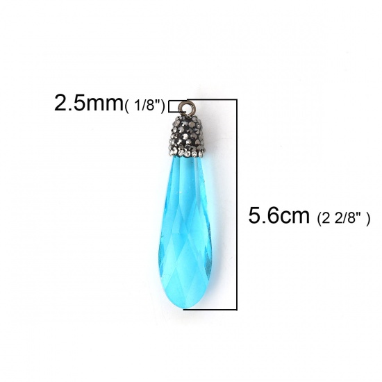 Picture of Glass Micro Pave Pendants Drop Lake Blue Clear Rhinestone Faceted 56mm(2 2/8") x 15mm( 5/8"), 1 Piece