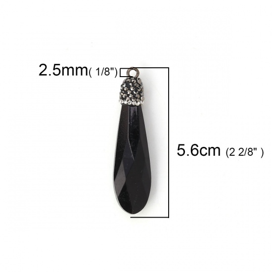 Picture of Glass Micro Pave Pendants Drop Black Clear Rhinestone Faceted 56mm(2 2/8") x 15mm( 5/8"), 1 Piece