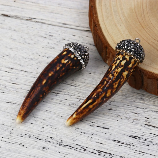 Picture of Resin Boho Chic Pendants Horn-shaped Coffee Dark Gray Micro Pave Smoky Yellow Rhinestone 6.7cm x1.8cm(2 5/8" x 6/8") - 6.5cm x1.8cm(2 4/8" x 6/8"), 1 Piece