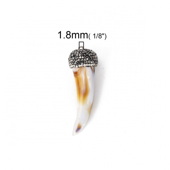 Picture of Resin Boho Chic Pendants Horn-shaped White Brown Micro Pave Clear Rhinestone 6cm x2cm(2 3/8" x 6/8") - 5.8cm x1.9cm(2 2/8" x 6/8"), 1 Piece