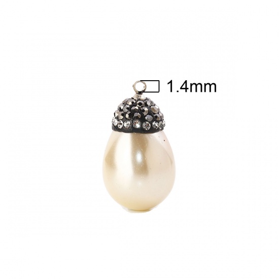 Picture of Shell Micro Pave Charms Drop Creamy-White Clear Rhinestone Imitation Pearl 26mm x14mm(1" x 4/8") - 23mm x13mm( 7/8" x 4/8"), 1 Piece