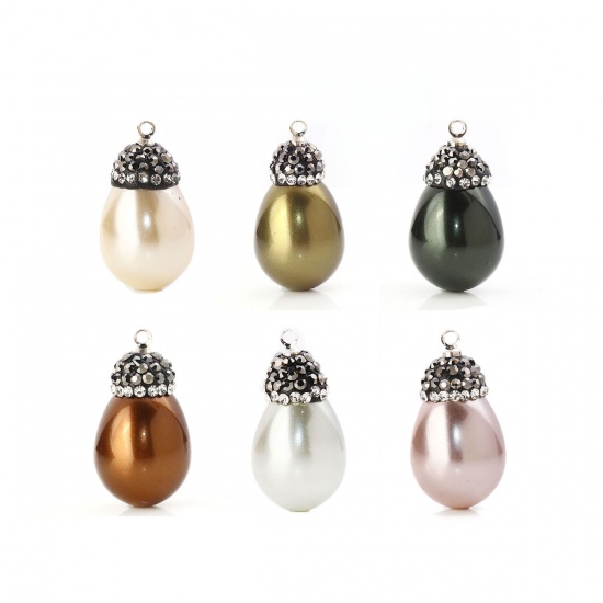Picture of Shell Micro Pave Charms Drop Creamy-White Clear Rhinestone Imitation Pearl 26mm x14mm(1" x 4/8") - 23mm x13mm( 7/8" x 4/8"), 1 Piece