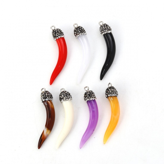 Picture of Resin Boho Chic Pendants Horn-shaped Translucent Micro Pave Clear Rhinestone 50mm(2") x 10mm( 3/8"), 2 PCs