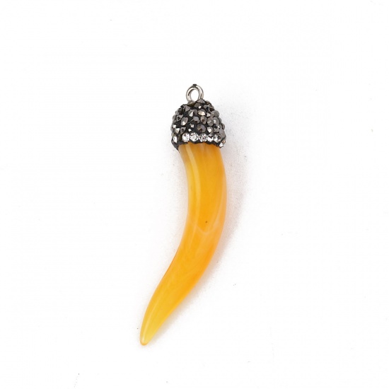 Picture of Resin Boho Chic Pendants Horn-shaped Orange Micro Pave Clear Rhinestone 50mm(2") x 10mm( 3/8"), 2 PCs