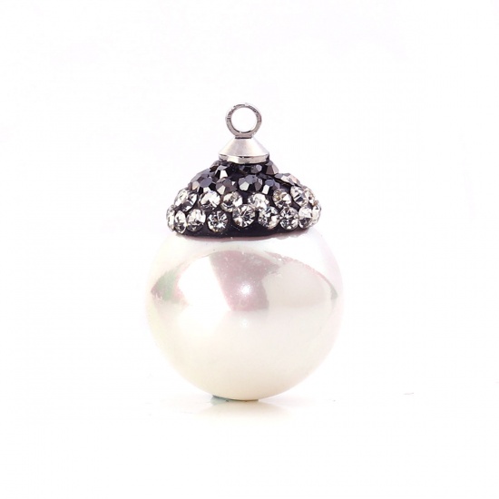 Picture of Shell Micro Pave Charms White Ball Dark Gray Clear Rhinestone Imitation Pearl 22mm( 7/8") x 15mm( 5/8"), 1 Piece