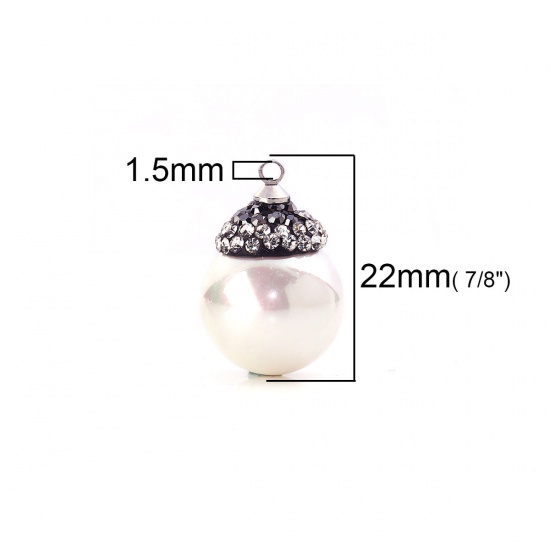 Picture of Shell Micro Pave Charms White Ball Dark Gray Clear Rhinestone Imitation Pearl 22mm( 7/8") x 15mm( 5/8"), 1 Piece