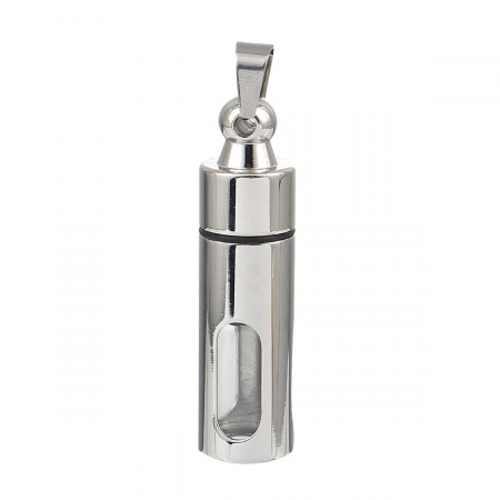 316L Acero Inoxidable + Cristal Cremación Pet Ash Urn Colgantes Cilíndrico Tono de Plata Hueco 55mm x 13mm, 1 Unidad” 