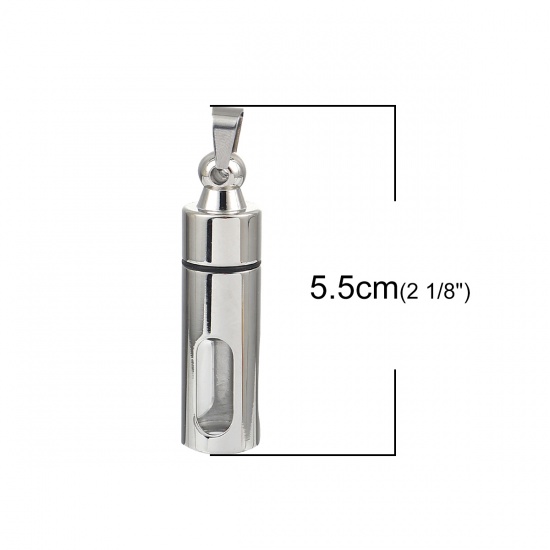 316L ステンレス+ガラス 火葬灰皿シリーズ ペンダント 円筒形 シルバートーン 透かし 55mm x 13mm、 1 個”  の画像