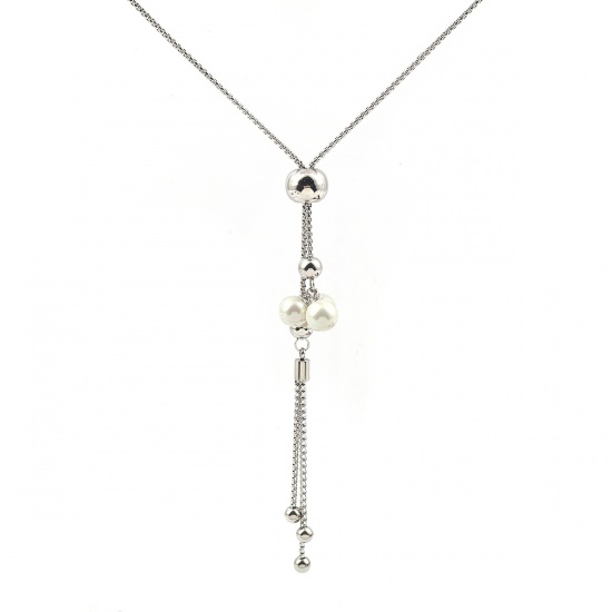Bild von 304 Edelstahl Einstellbares Slider/ Slide Pullover Halskette Silberfarbe Weiß Quast Rund Imitat Perle 73cm lang, 1 Strang