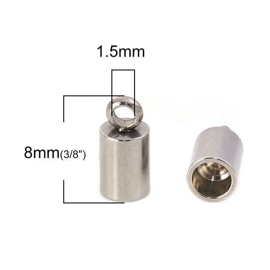 Picture of 304 Stainless Steel Cord End Caps Cylinder Silver Tone (Fits 3mm Cord) 8mm( 3/8") x 4mm( 1/8"), 20 PCs