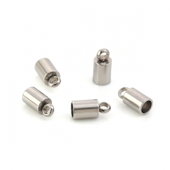 Picture of 304 Stainless Steel Cord End Caps Cylinder Silver Tone (Fits 3mm Cord) 8mm( 3/8") x 4mm( 1/8"), 20 PCs