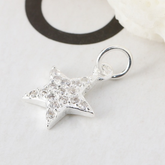 Picture of Sterling Silver Charms Silver Pentagram Star Clear Rhinestone 12mm( 4/8") x 8mm( 3/8"), 1 Piece
