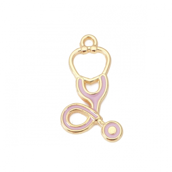 Bild von Zinklegierung Charms Stethoskop Vergoldet Lila Emaille 27mm x 15mm, 10 Stück