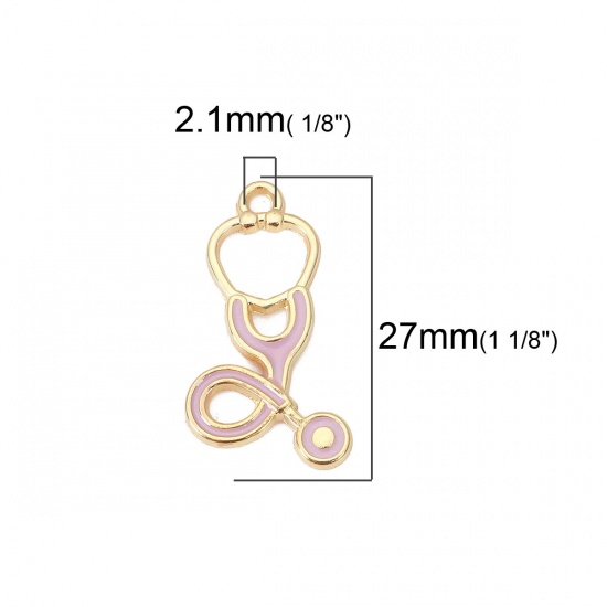 Bild von Zinklegierung Charms Stethoskop Vergoldet Lila Emaille 27mm x 15mm, 10 Stück