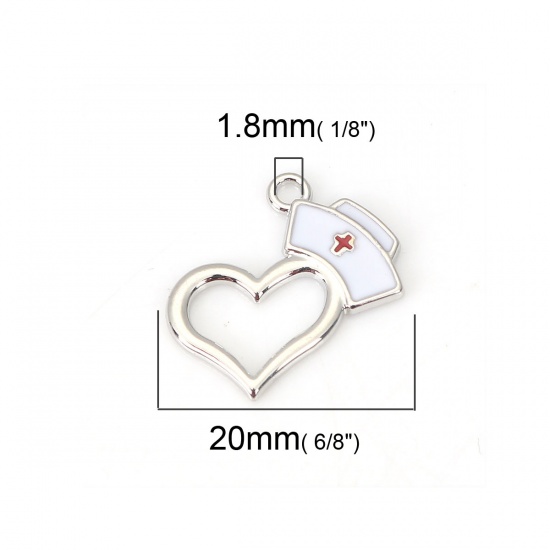 Picture of Zinc Based Alloy Charms Hat Silver Tone White Heart Enamel 20mm( 6/8") x 15mm( 5/8"), 10 PCs