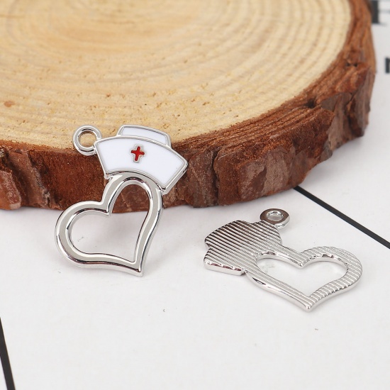 Picture of Zinc Based Alloy Charms Hat Silver Tone White Heart Enamel 20mm( 6/8") x 15mm( 5/8"), 10 PCs