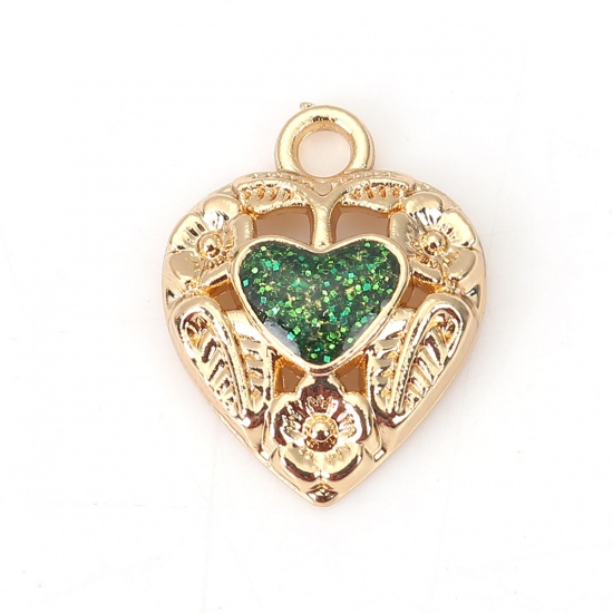 Изображение Подвески Сердце Позолоченный Зеленый С Блестками 18мм x 14мм, 10 ШТ