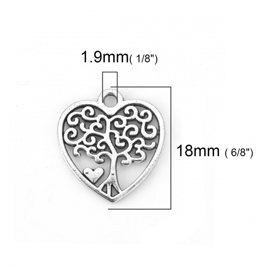 Picture of Zinc Based Alloy Charms Heart Antique Silver Tree 18mm( 6/8") x 17mm( 5/8"), 50 PCs
