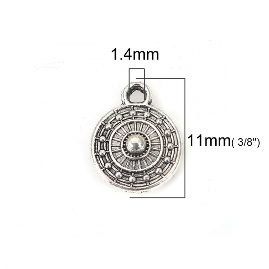 Picture of Zinc Based Alloy Charms Round Antique Silver Carved 11mm( 3/8") x 9mm( 3/8"), 100 PCs