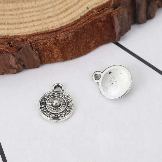 Picture of Zinc Based Alloy Charms Round Antique Silver Carved 11mm( 3/8") x 9mm( 3/8"), 100 PCs