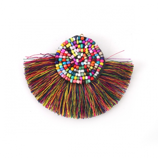 Picture of Glass & Cotton Seed Beads Pendants Multicolor Tassel 80mm(3 1/8") x 60mm(2 3/8"), 2 PCs