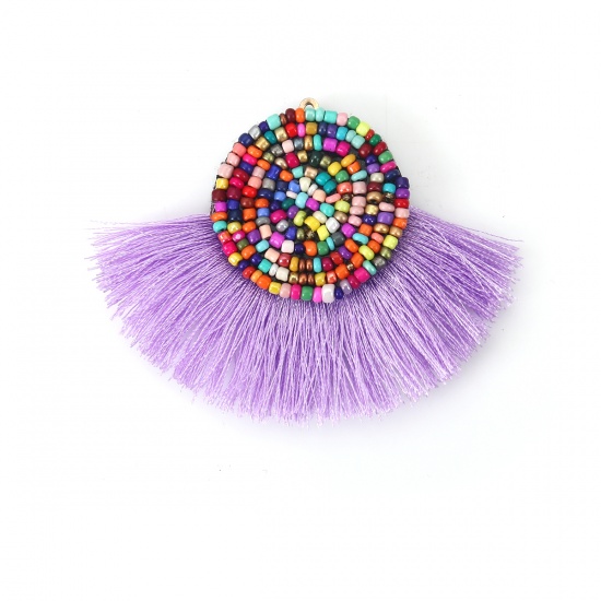 Picture of Glass & Cotton Seed Beads Pendants Multicolor Purple Tassel 80mm(3 1/8") x 60mm(2 3/8"), 2 PCs