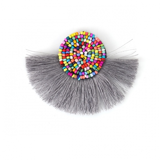 Image de Pendentifs en Verre & Coton Perles de Rocailles Gris Multicolore Franges Pompons Glands 10cm x 7.8cm, 2 Pcs