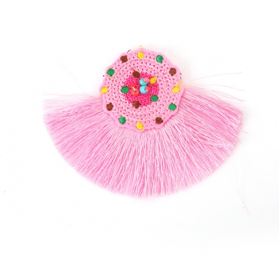 Picture of Glass & Cotton Seed Beads Pendants Multicolor Pink Tassel 10cm(3 7/8") x 7.8cm(3 1/8"), 2 PCs