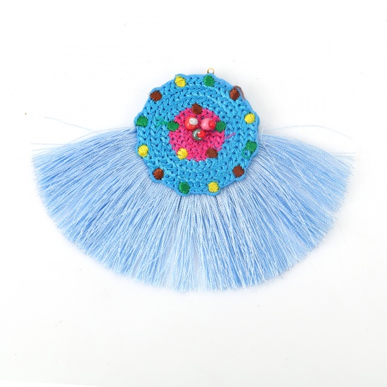 Picture of Glass & Cotton Seed Beads Pendants Multicolor Blue Tassel 10cm(3 7/8") x 7.8cm(3 1/8"), 2 PCs