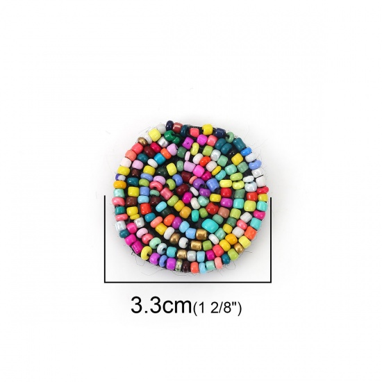 Picture of Glass & Cotton Seed Beads Appliques Patches DIY Scrapbooking Multicolor Round 3.3cm(1 2/8") Dia., 5 PCs