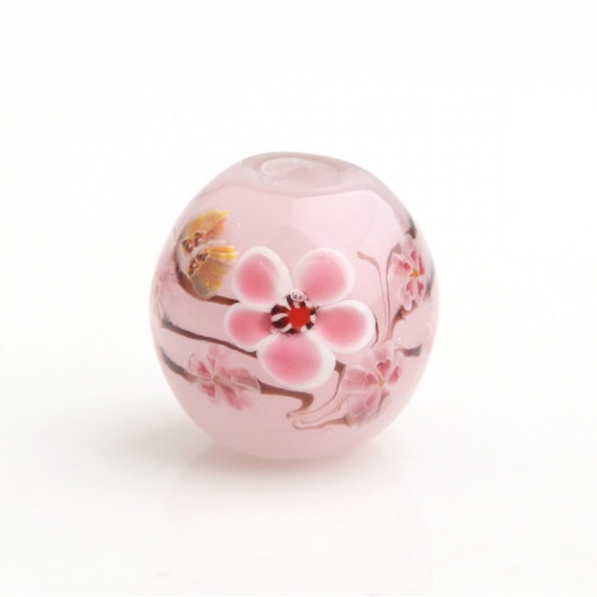 Picture of Lampwork Glass Japanese Style Beads Round Pink Flower Leaves About 16mm x 16mm, Hole: Approx 2.8mm, 1 Piece