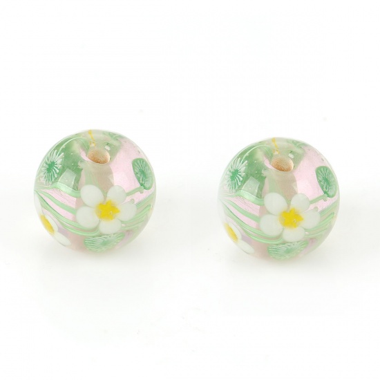 Picture of Lampwork Glass Japanese Style Beads Round Transparent Clear Flower Leaves About 16mm x 16mm, Hole: Approx 3mm, 1 Piece