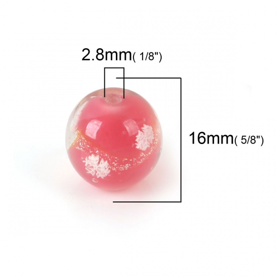 Picture of Lampwork Glass Japanese Style Beads Round Red Christmas Snowflake About 16mm x 16mm, Hole: Approx 2.8mm, 1 Piece