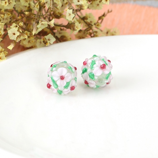 Picture of Lampwork Glass Encased Floral Beads Round Light Pink Flower Leaves About 13mm x 13mm, Hole: Approx 2.5mm, 1 Piece