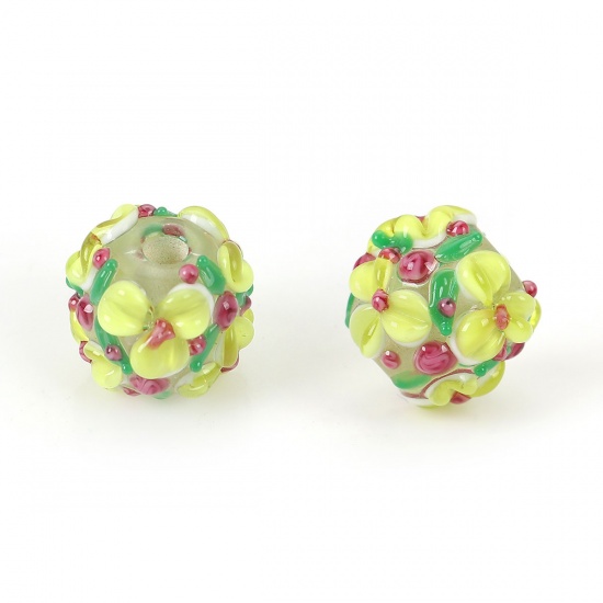 Picture of Lampwork Glass Encased Floral Beads Round Green Flower Leaves About 13mm x 13mm, Hole: Approx 2.5mm, 1 Piece