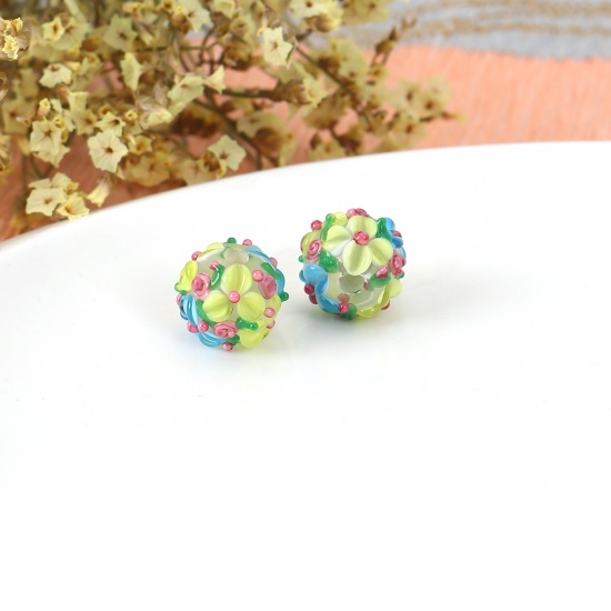 Picture of Lampwork Glass Encased Floral Beads Round Grass Green Flower Leaves About 13mm x 13mm, Hole: Approx 2.5mm, 1 Piece