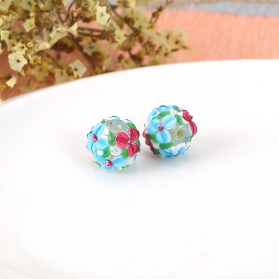 Picture of Lampwork Glass Encased Floral Beads Round Blue Flower Leaves About 13mm x 13mm, Hole: Approx 2.5mm, 1 Piece