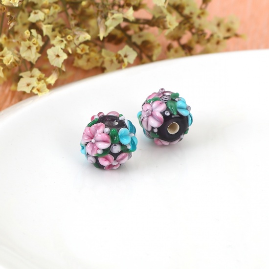 Picture of Lampwork Glass Encased Floral Beads Round Multicolor Flower Leaves About 13mm x 13mm, Hole: Approx 2.5mm, 1 Piece